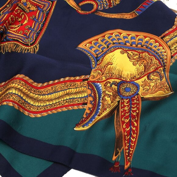 Vintage Roman Spartan Helmet Scarf Neck Hair Tie Scarf Navy Teal Yellow Red - Picture 3 of 7